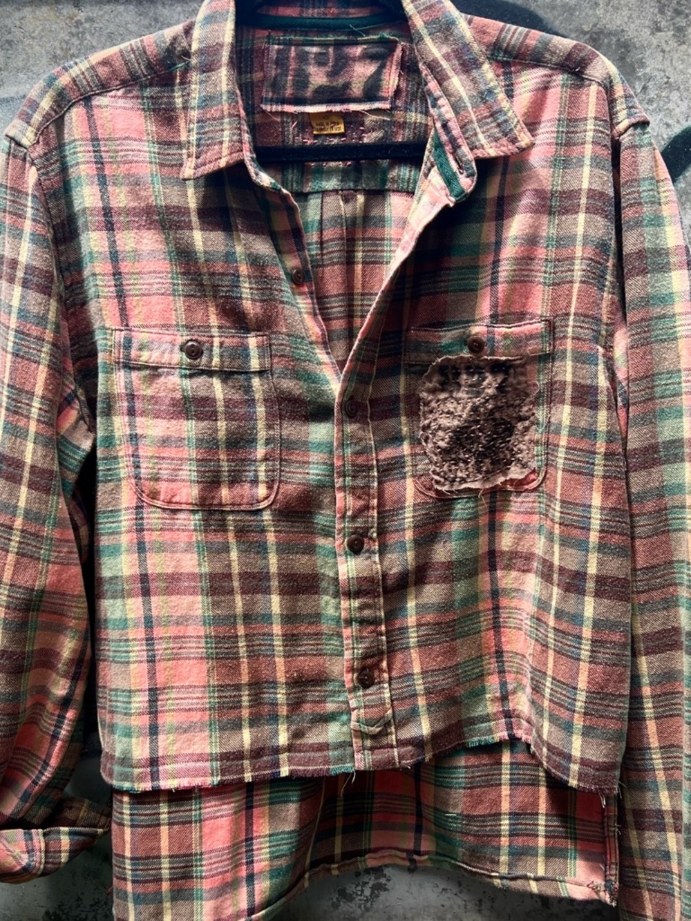 UPCYCLED Peach and Green Flannel Shirt with SHASHIKO STITCHING.